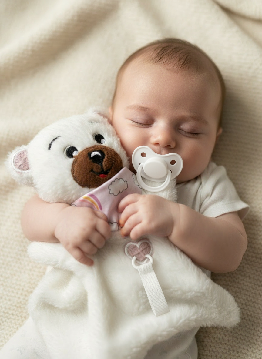 Baby beruhigt sich mit Schnuffeltuch und Schnuller