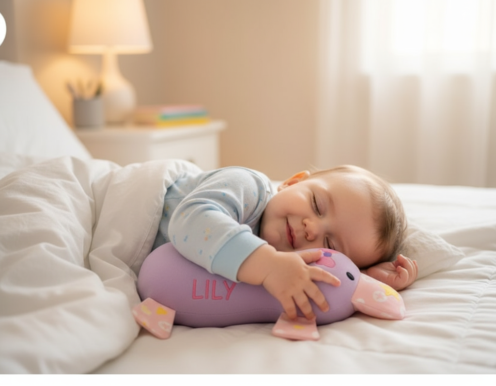 Baby kuschelt mit personalisierter Ente