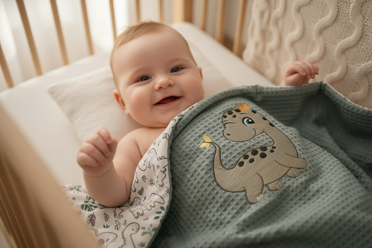 Baby mit Dinosaurier-Decke