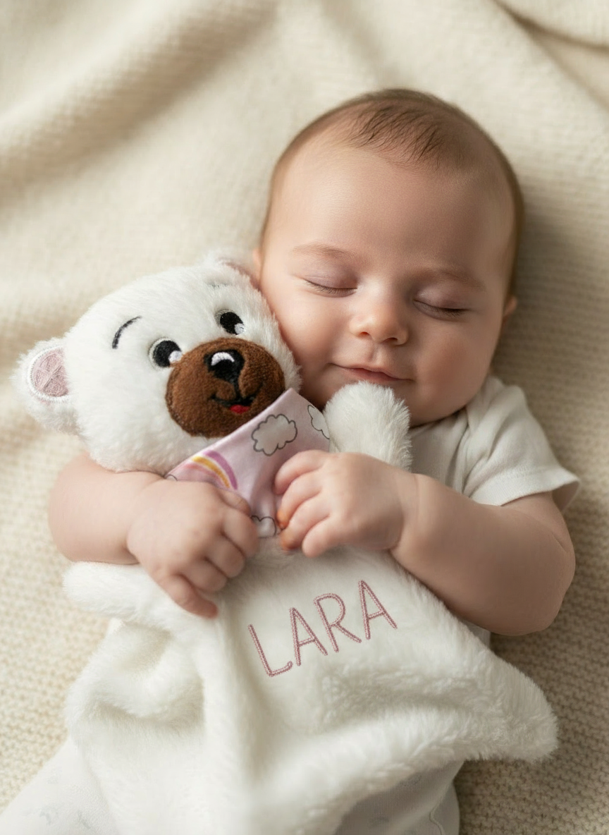 Baby mit personalisiertem Schnuffeltuch