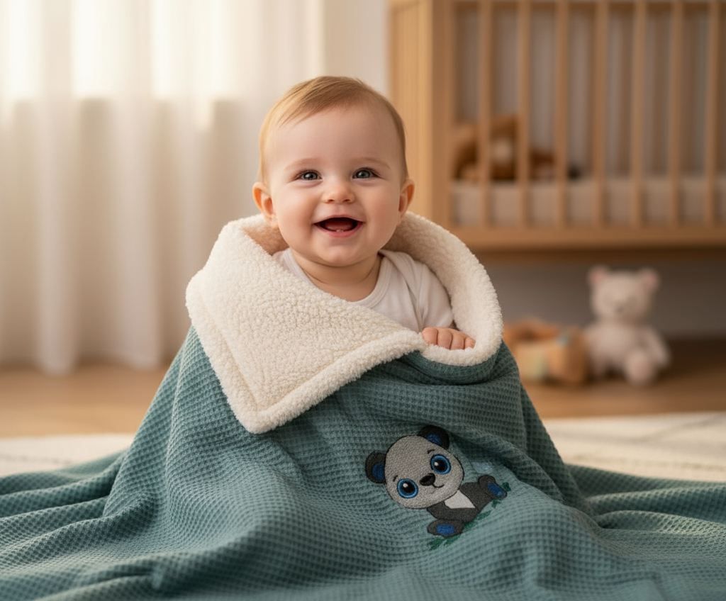 Baby mit Teddy-Fell Babydecke