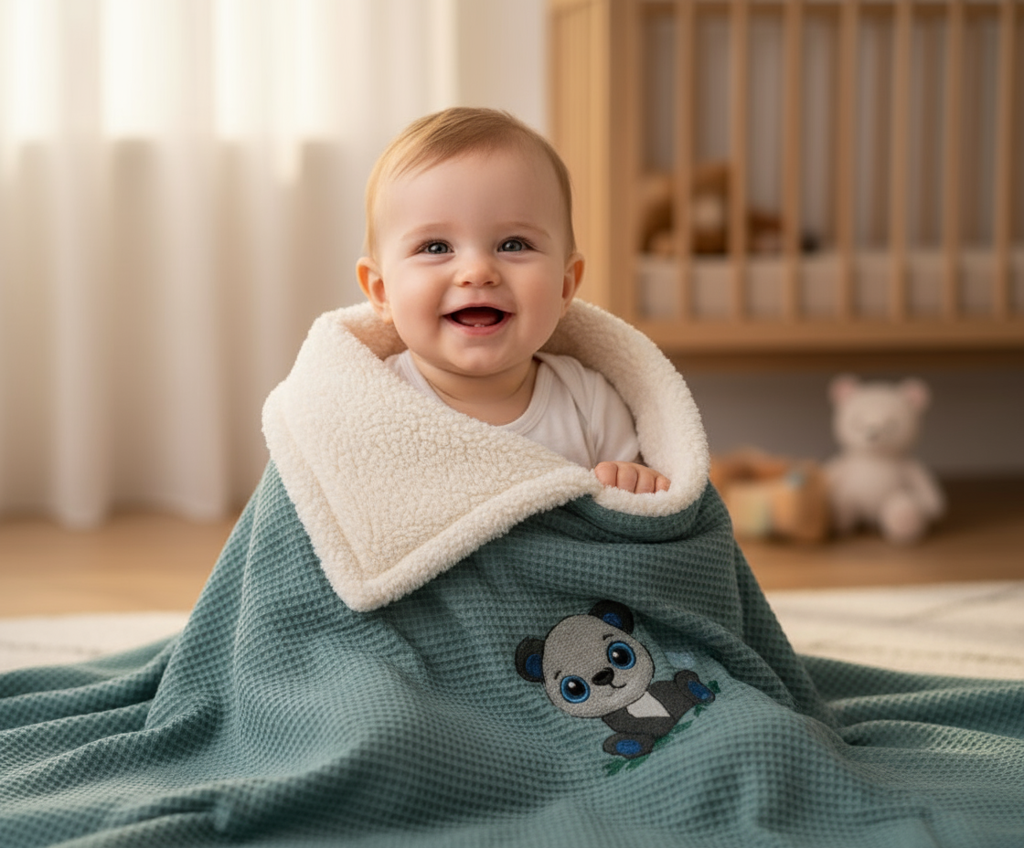 Baby mit Teddy-Fell Babydecke