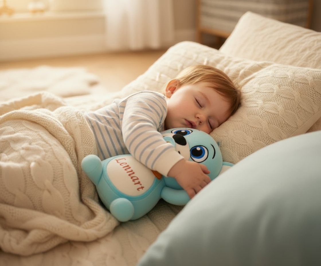 Baby schläft mit personalisiertem Kuschelbär