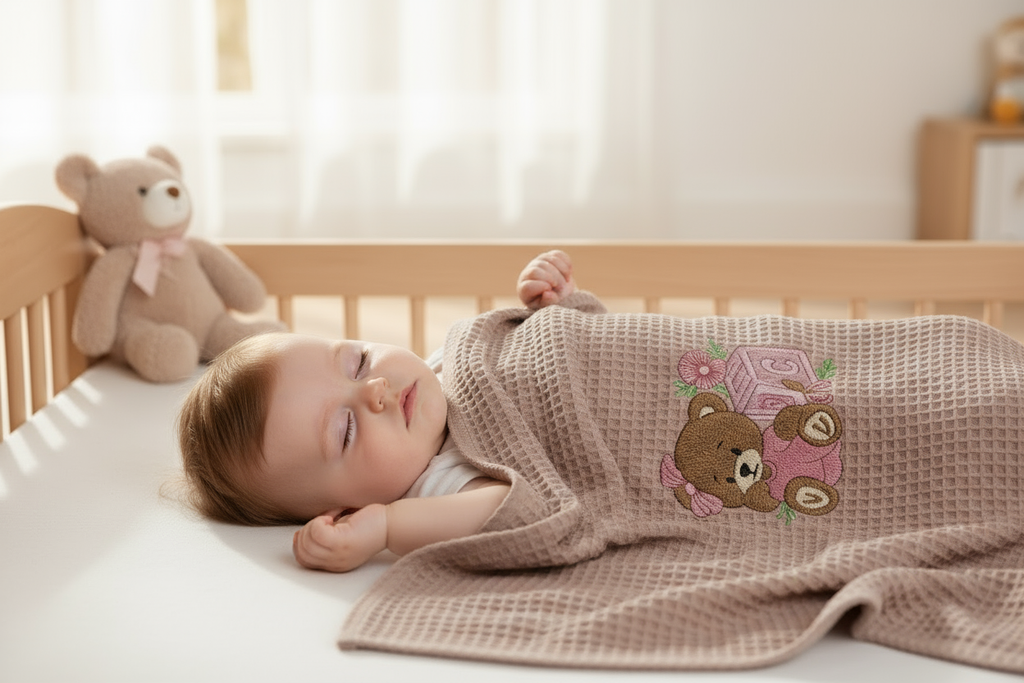 Baby schläft unter Premium Waffelpiqué-Decke