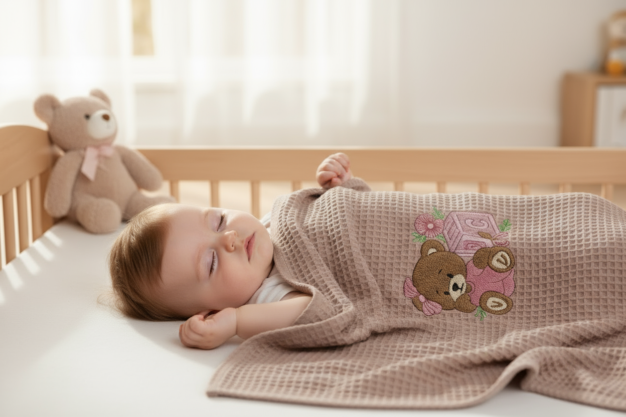 Baby schläft unter Premium Waffelpiqué-Decke