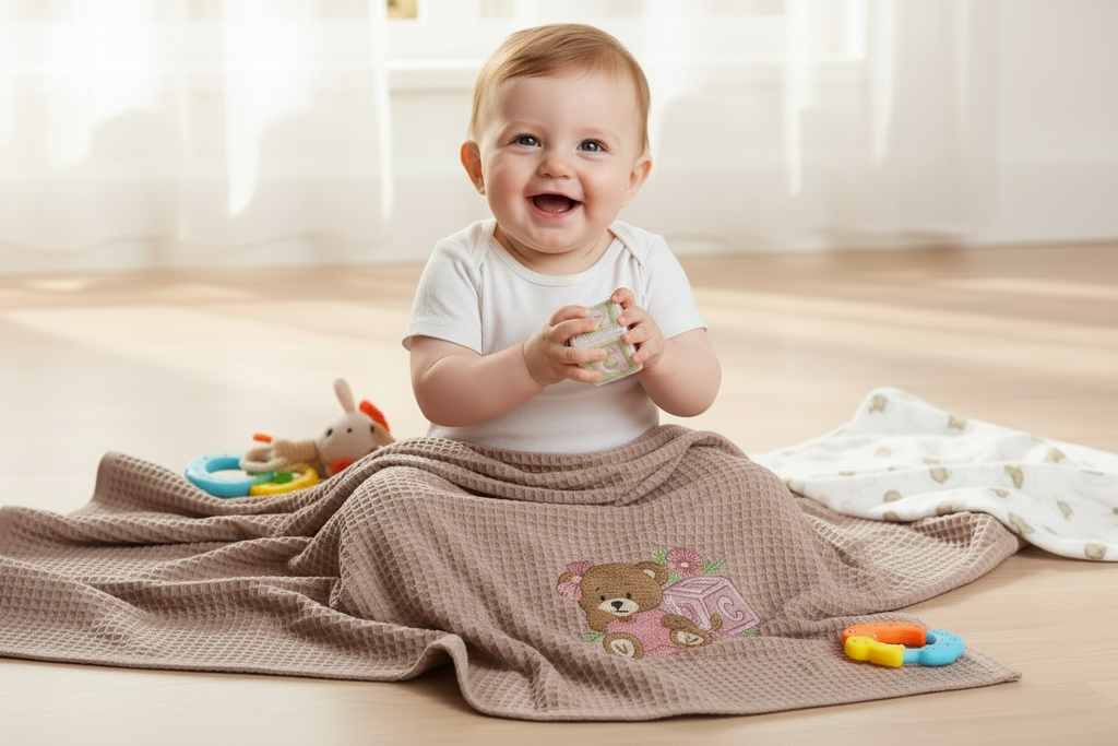 Baby spielt auf Premium Waffelpiqué-Decke
