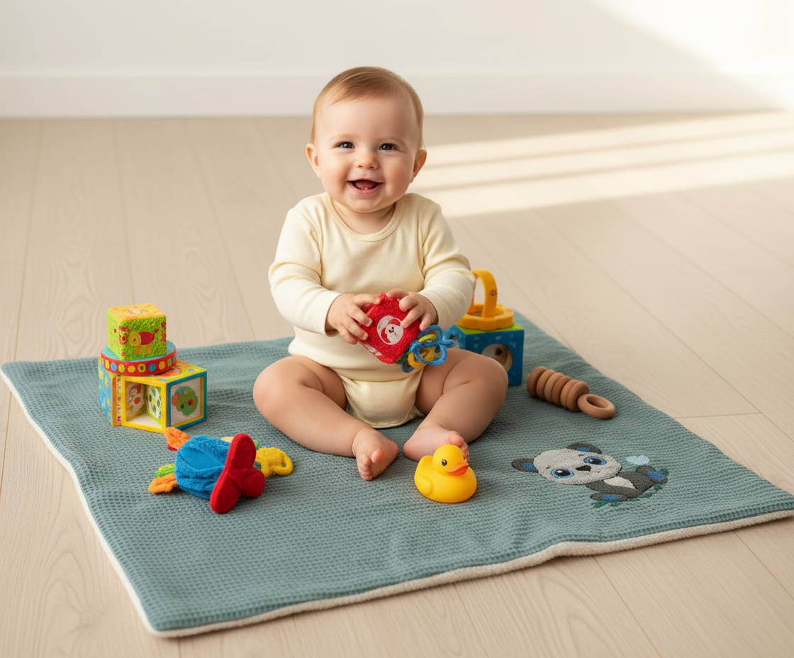 Baby spielt mit Spielzeug auf Babydecke