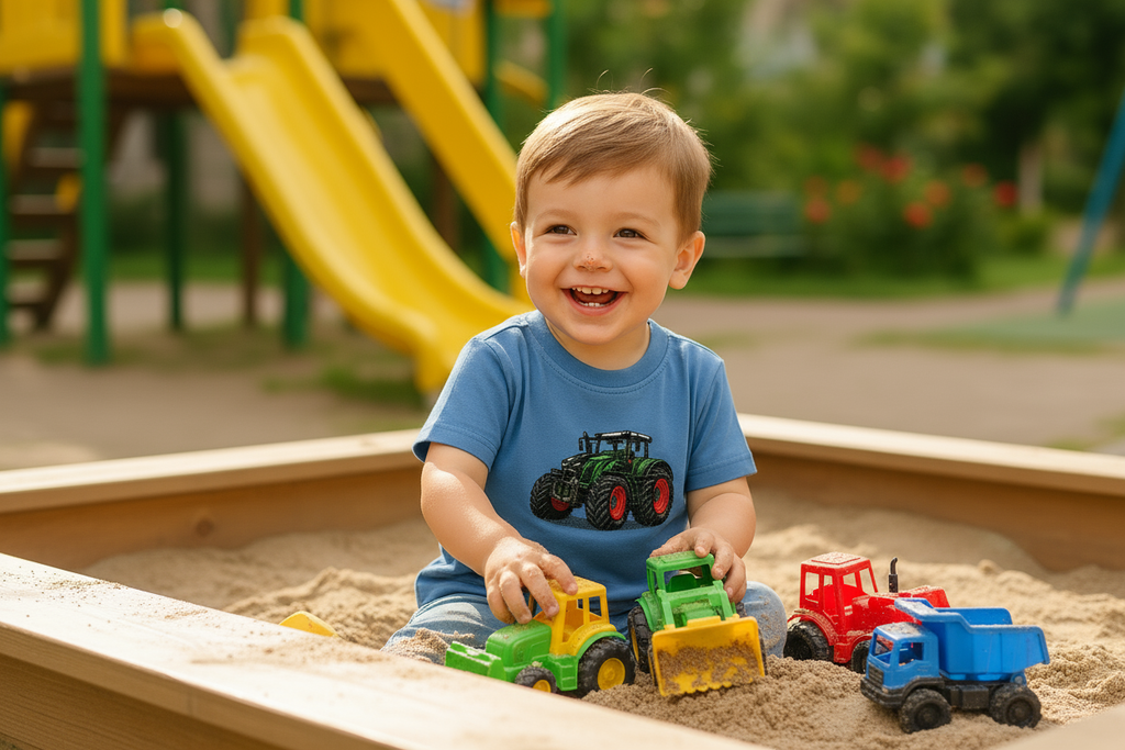 Kind im Sandkasten mit Trecker T-Shirt