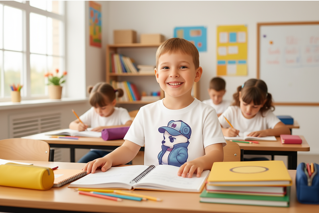 Kind in der Schule mit coolem T-Shirt
