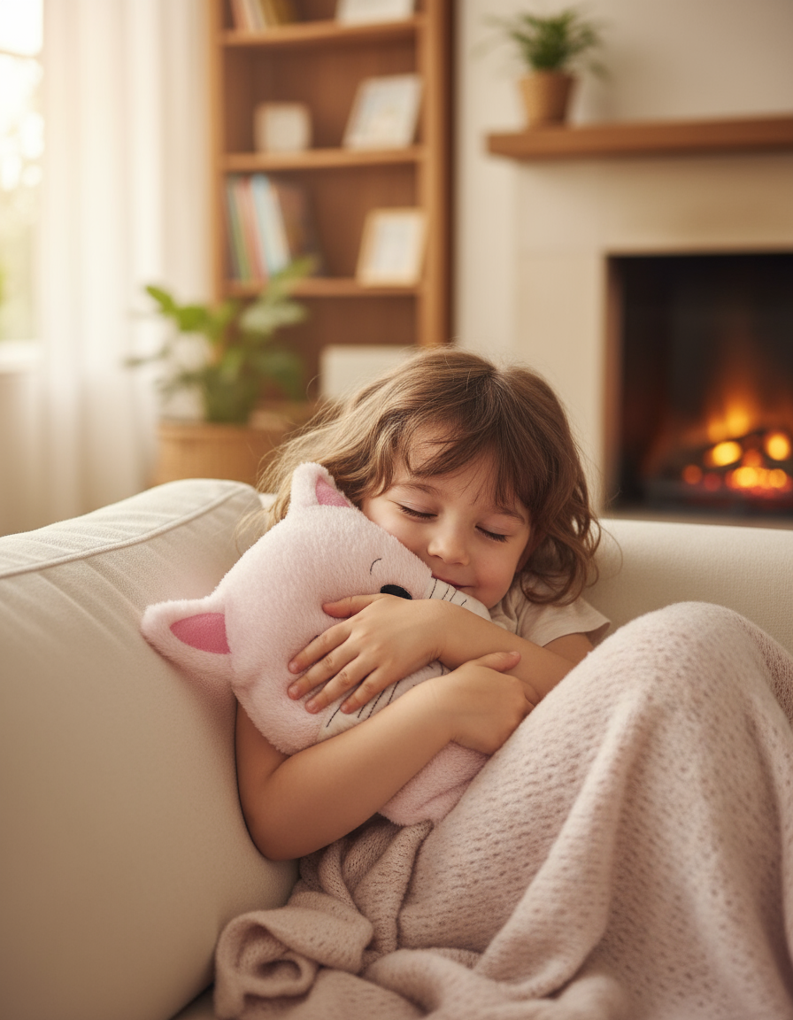 Kind kuschelt mit Körnerkissen