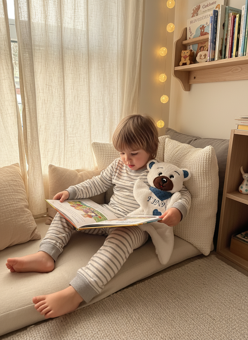 Kind liest Teddybär vor