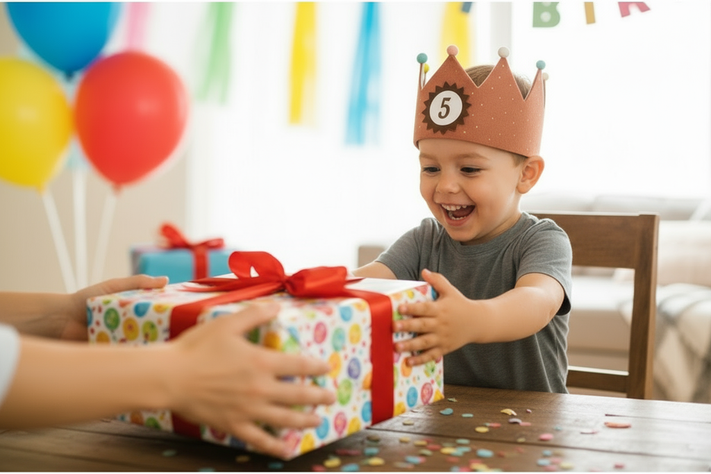 Kind mit Geburtstagskrone bekommt Geschenk