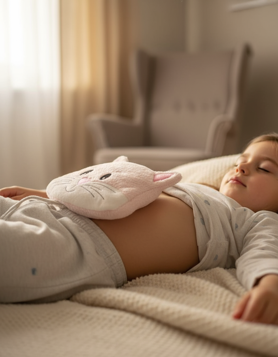 Kind mit Körnerkissen bei Bauchweh - Nahaufnahme