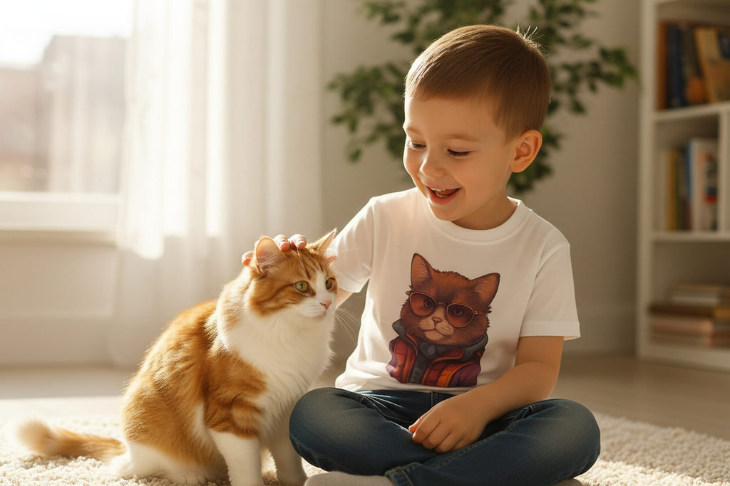 Kind mit Katzen T-Shirt und Katze - besser sichtbar