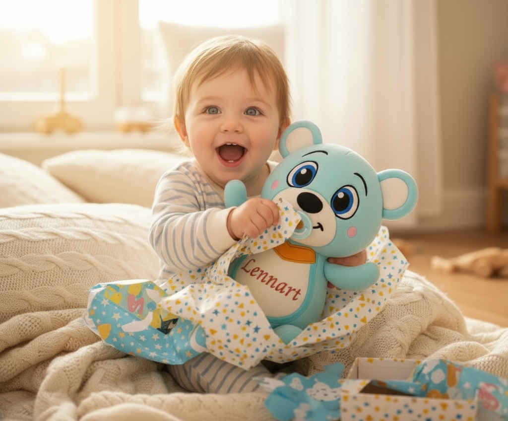 Kind packt personalisierten Kuschelbär aus