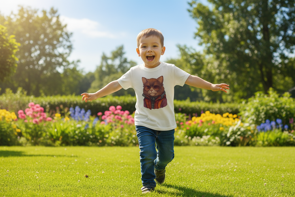 Kind spielt draußen im Katzen T-Shirt