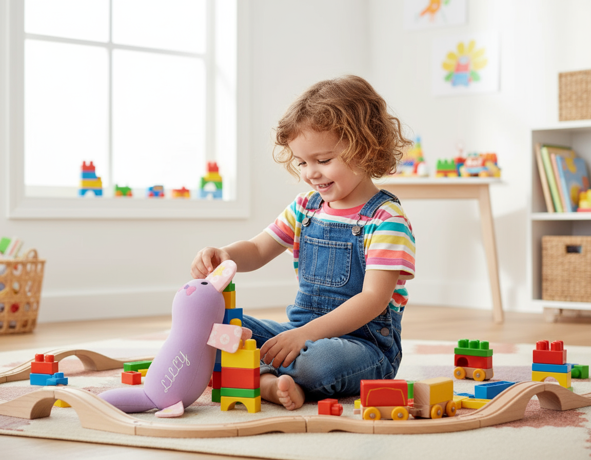 Kind spielt mit personalisierter Ente als Begleiter