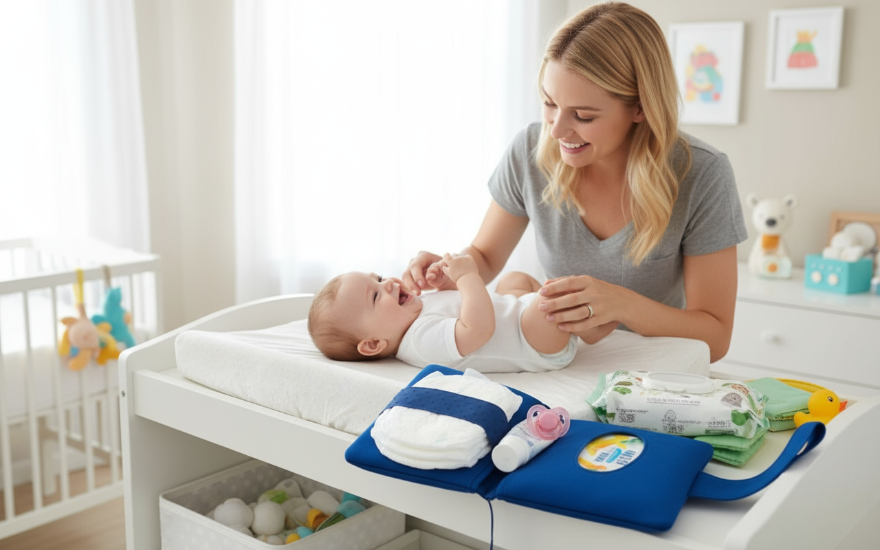Mama am Wickeltisch mit gefüllter Windeltasche