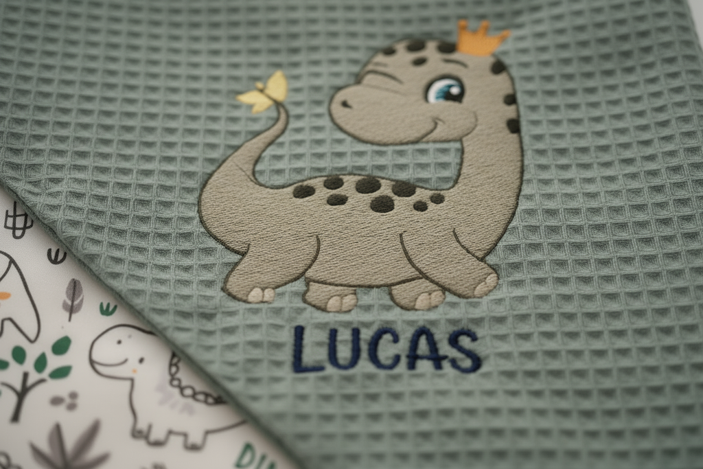 Nahaufnahme Dinosaurier-Bestickung mit Namen