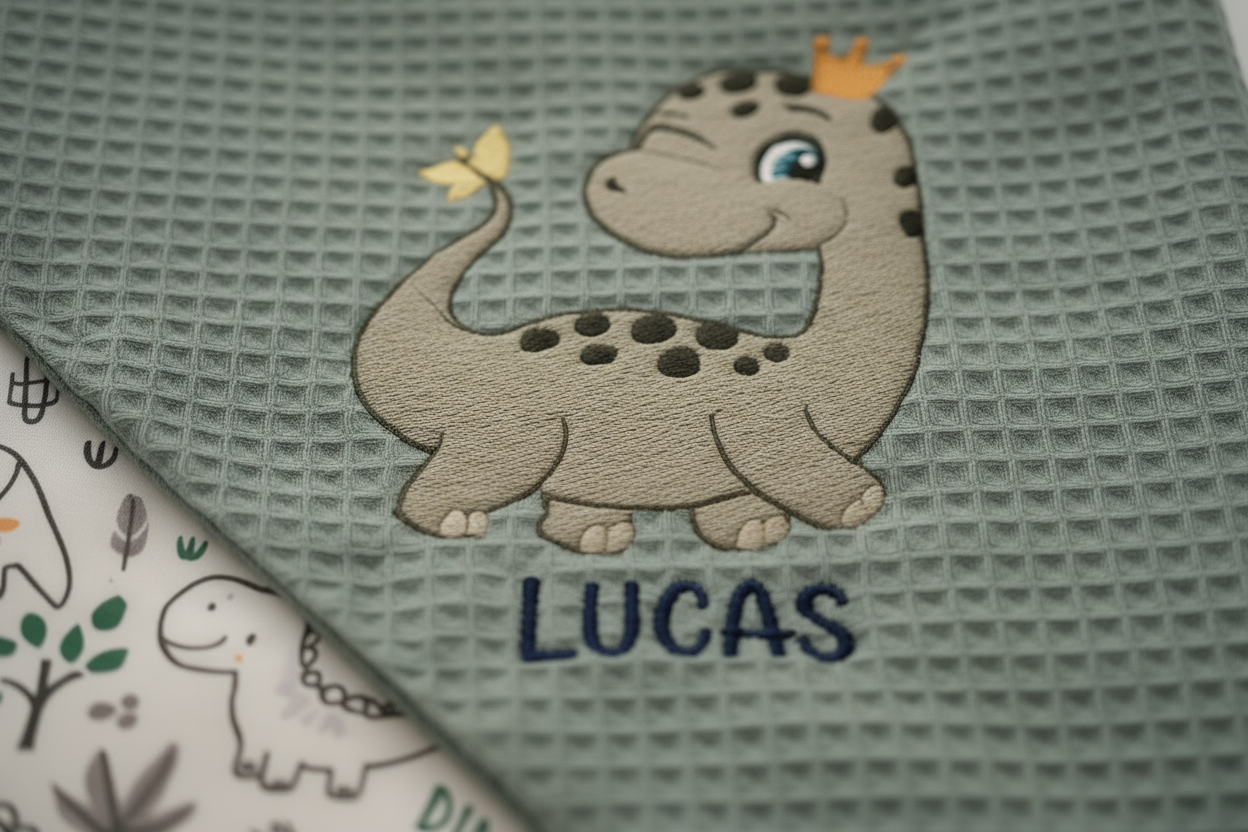 Nahaufnahme Dinosaurier-Bestickung mit Namen