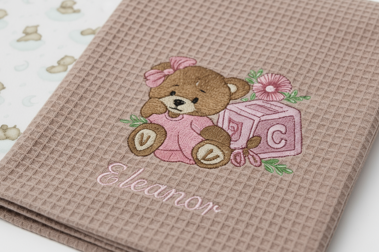 Nahaufnahme Premium Waffelpiqué-Decke mit Bestickung