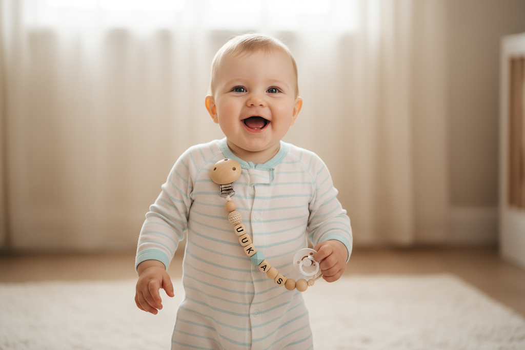 Stehendes Baby mit Schnullerkette